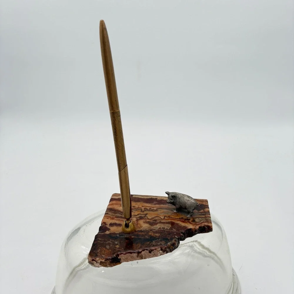 Vintage MCM Stone Slab Desk Pen Holder Metal Pig pork farm animal butcher Agate